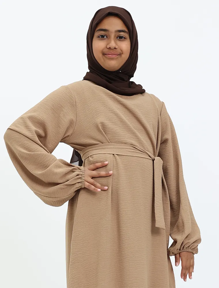 Camel Linen Feel Essential Girls Abaya